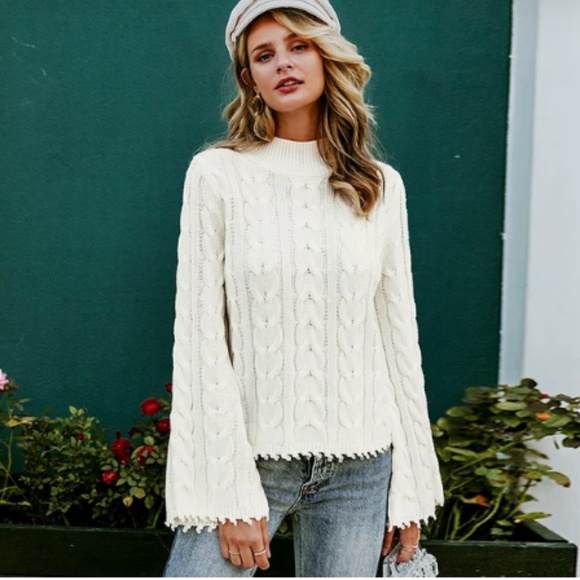 Sweaters - Cable Knit Bell Sleeve Sweater | Winter White
